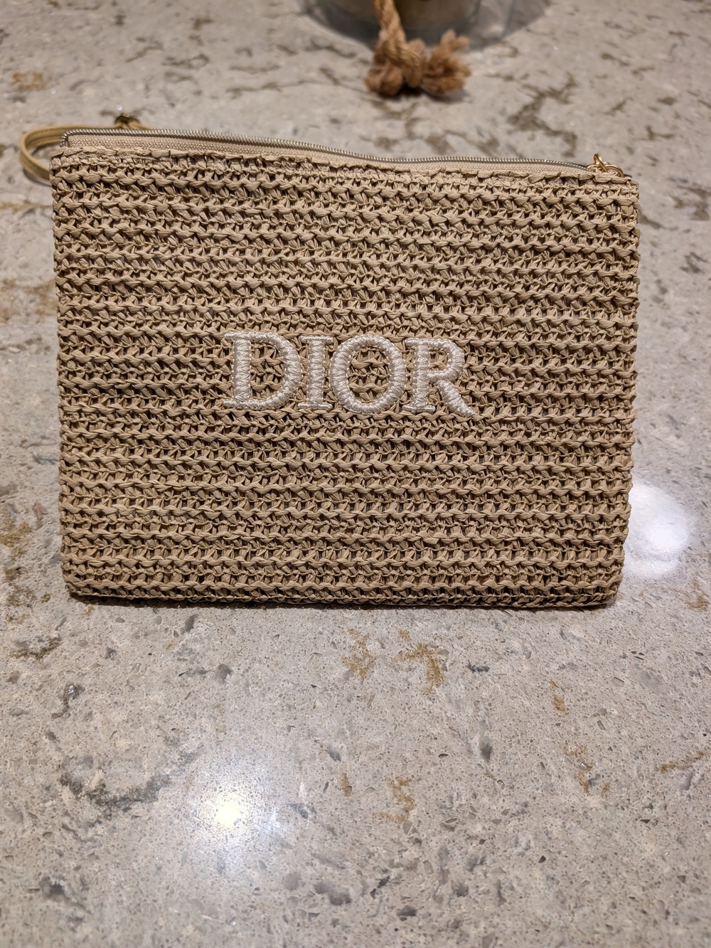 Dior Beauty VIP Natural Woven Raffia Cosmetic Pouch with Embroidered Logo